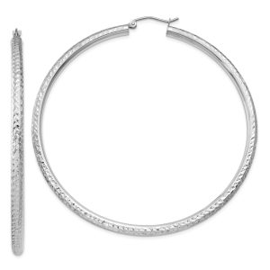 3mm x 65mm, 14k White Gold, Diamond-cut Round Hoop Earrings