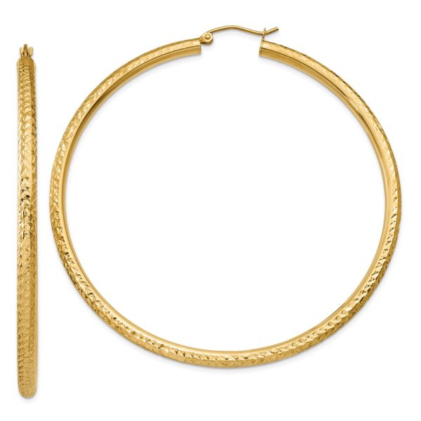 3mm x 65mm, 14k Yellow Gold, Diamond-cut Round Hoop Earrings