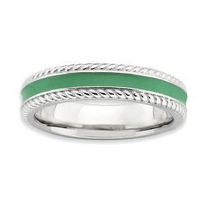 4.5mm Sterling Silver Green Enamel Stackable Rope Edged Band Size 5