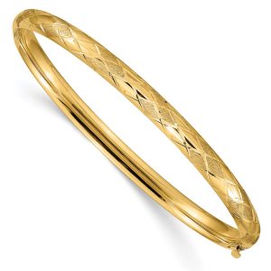 4.75mm 14k Yellow Gold Diamond Cut & Satin Hinged Bangle Bracelet