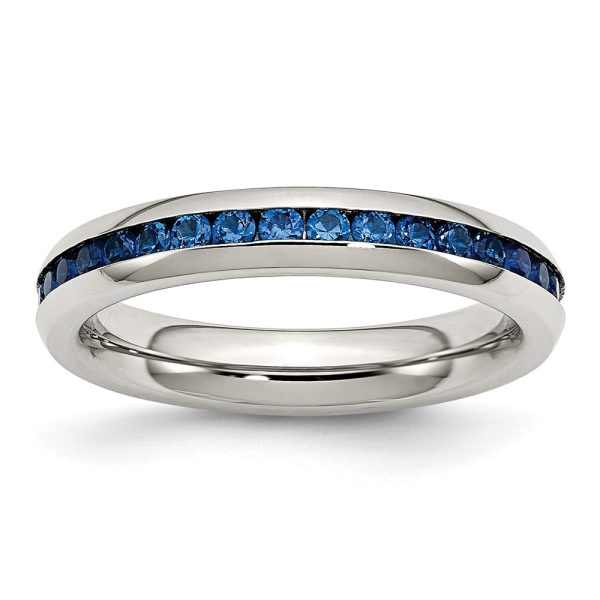 4mm Stainless Steel And Blue Cubic Zirconia Stackable Band Size 7