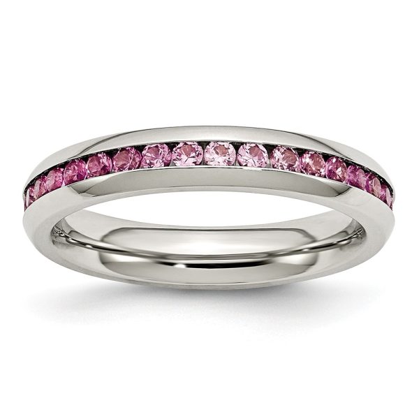 4mm Stainless Steel And Dark Pink Cubic Zirconia Stackable Band Size 6