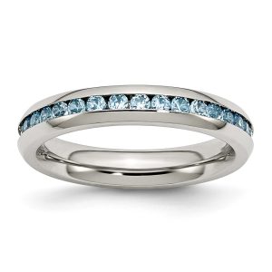 4mm Stainless Steel And Teal Cubic Zirconia Stackable Band Size 6