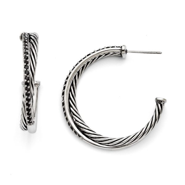 5mm Antiqued Twisted & Black CZ Hoops in Stainless Steel, 34mm