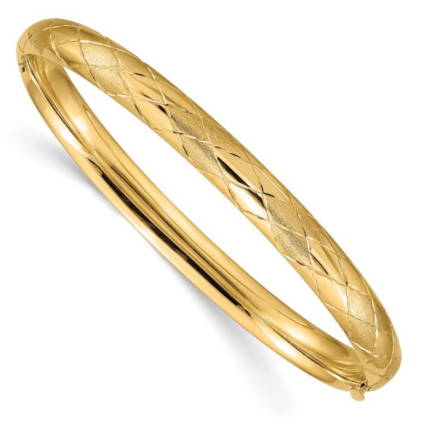 6.5mm 14k Yellow Gold Diamond Cut & Satin Hinged Bangle Bracelet