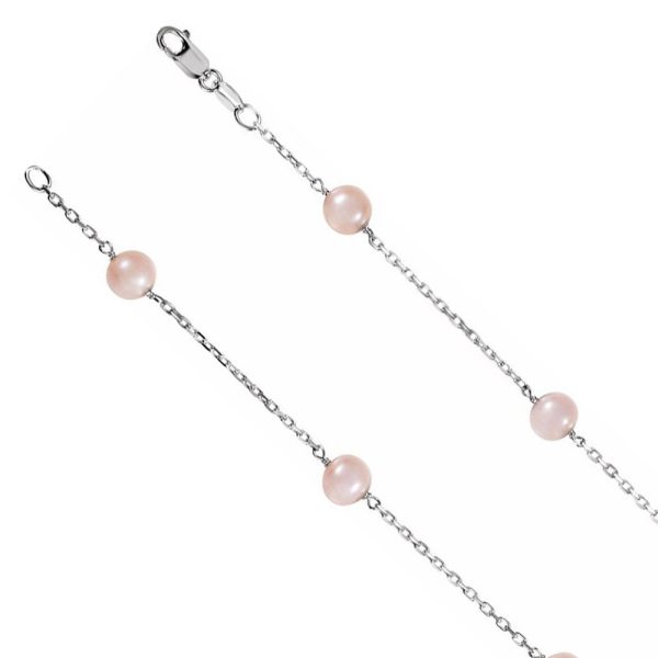 6mm Sterling Silver FW Pink Cultured Pearl Station Necklace, 18 Inch