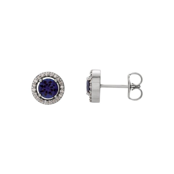 7.5mm Halo Style Blue Sapphire & Diamond Earrings in 14k White Gold