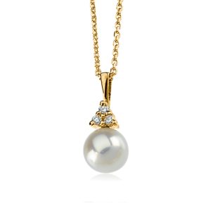 7mm Akoya Cultured Pearl & .06 Ctw Diamond Necklace in 14k Yellow Gold