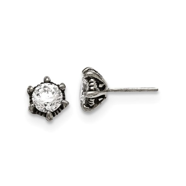 7mm Antiqued Cubic Zirconia Post Earrings in Stainless Steel