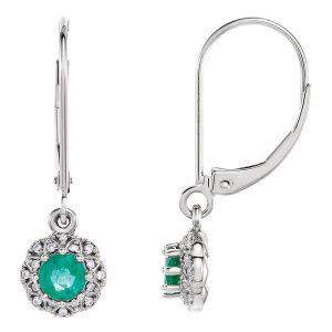 8 x 27mm 14k White Gold Emerald & .08 CTW (G-H, I1) Diamond Earrings