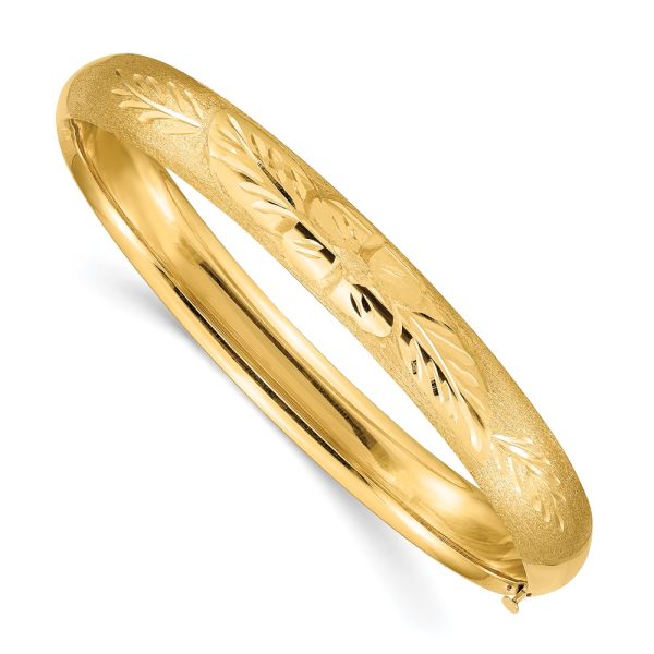 8mm 14k Yellow Gold Florentine Engraved Hinged Bangle Bracelet, 7 Inch