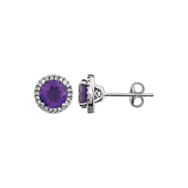 8mm Halo Style Amethyst & Diamond Earrings in 14k White Gold