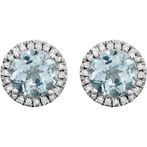 8mm Halo Style Aquamarine & Diamond Earrings in 14k White Gold