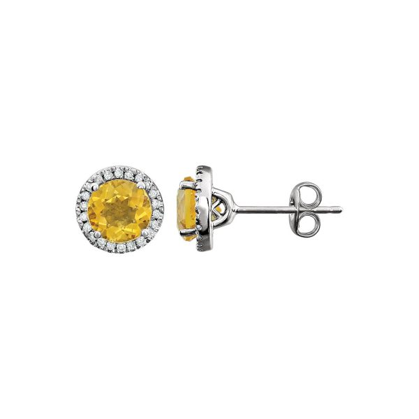 8mm Halo Style Citrine & Diamond Earrings in 14k White Gold