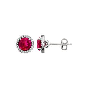 8mm Halo Style Created Ruby & Diamond Earrings in 14k White Gold