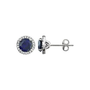 8mm Halo Style Created Sapphire & Diamond Earrings in 14k White Gold