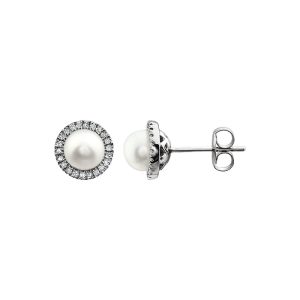 8mm Halo Style FW Cultured Pearl & Diamond Earrings in 14k White Gold