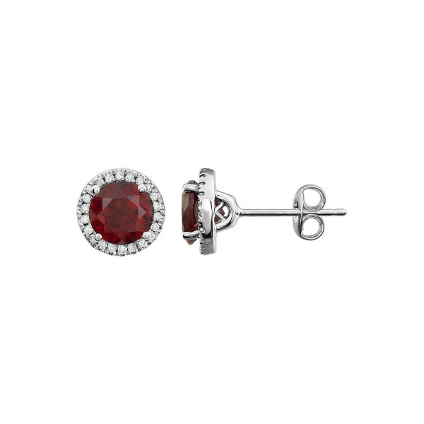 8mm Halo Style Mozambique Garnet & Diamond Earrings in 14k White Gold