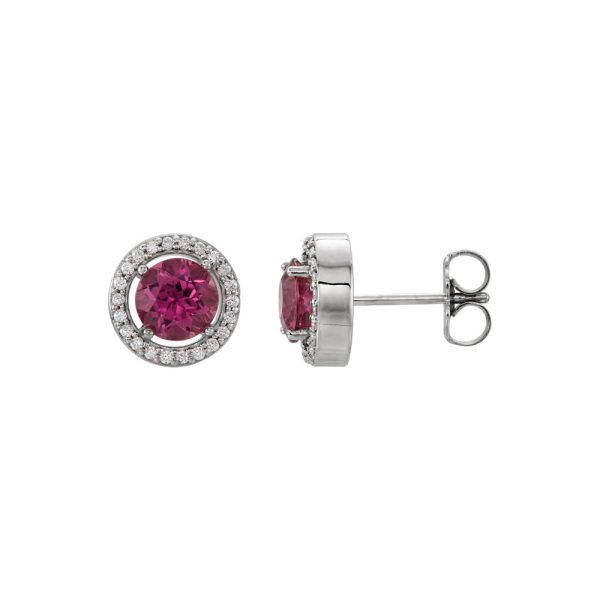 8mm Halo Style Pink Tourmaline & Diamond Earrings in 14k White Gold