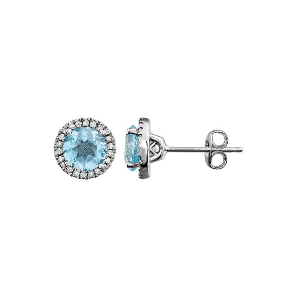 8mm Halo Style Sky Blue Topaz & Diamond Earrings in 14k White Gold