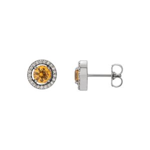 8mm Halo Style Yellow Sapphire & Diamond Earrings in 14k White Gold