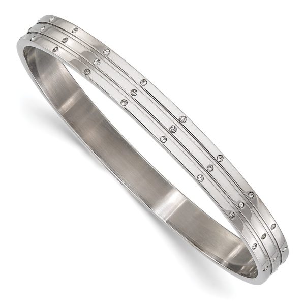 8mm Stainless Steel Grooved & Cubic Zirconia Bangle Bracelet