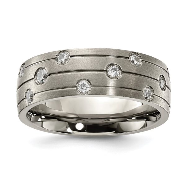 8mm Titanium & CZ Brushed & Grooved Standard Fit Band, Size 7.5