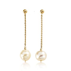 9-11mm FW Cultured White Circle Pearl & 14k Gold Dangle Earrings