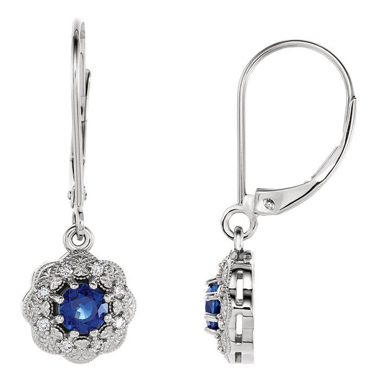 9.5 x 28mm 14k White Gold Sapphire & 1/8 CTW (GH, I1) Diamond Earrings