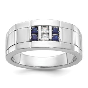 9.5mm 14K White Gold Created Sapphire & Diamond Tapered Band, SZ 12