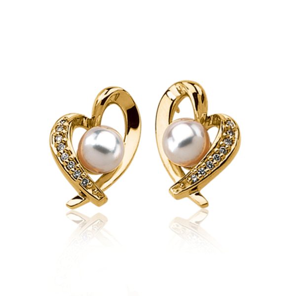 Akoya Cultured Pearl, 1/6 Ctw Diamond & 14k Yellow Gold Heart Earrings