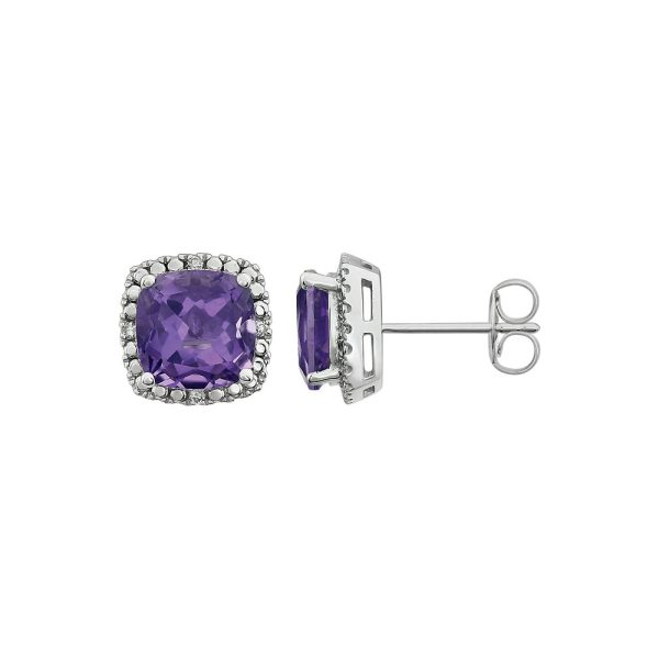 Amethyst & Diamond 10mm Earrings in 14k White Gold