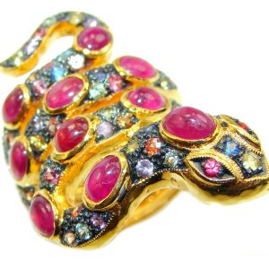 An exuberantly Large Snake Genuine Ruby Sapphire 18K Gold over .925 Sterling Silver handmade Ring size 6 3/4