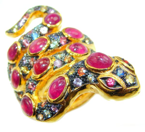 An exuberantly Large Snake Genuine Ruby Sapphire 18K Gold over .925 Sterling Silver handmade Ring size 6 3/4