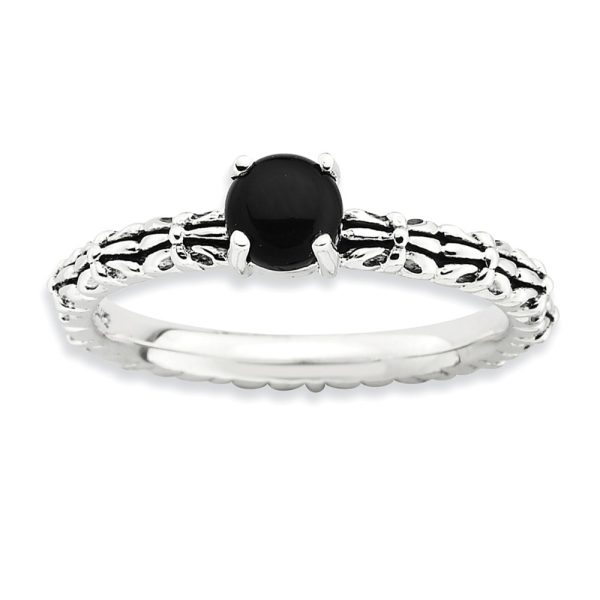 Antiqued SS Stackable Black Agate Ring, size 10