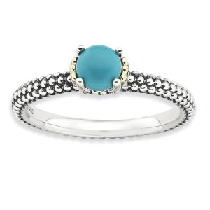 Antiqued SS & 14K Gold Plated Stackable Turquoise Ring, size 7