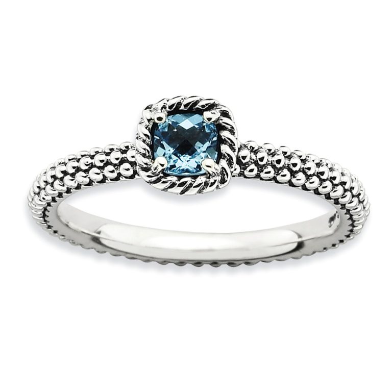 Antiqued Sterling Silver Stackable Blue Topaz Ring, Size 6