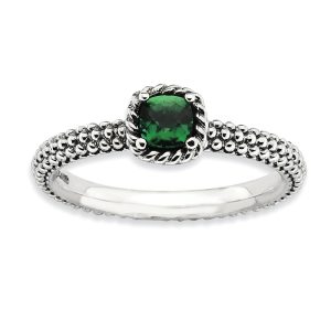 Antiqued Sterling Silver Stackable Created Emerald Ring, Size 8