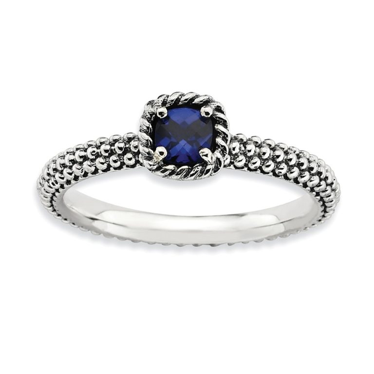 Antiqued Sterling Silver Stackable Created Sapphire Ring, Size 10