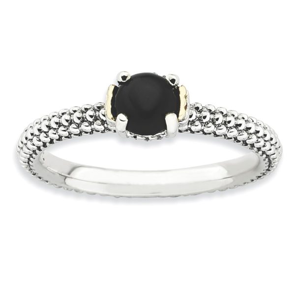 Antiqued Sterling Silver & 14K Gold Plated Stackable Onyx Ring, size 9