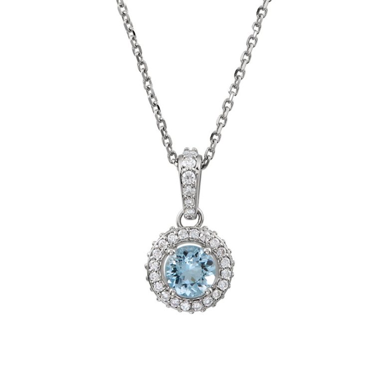 Aquamarine & 1/4 Ctw Diamond Entourage 14k White Gold Necklace, 18 In