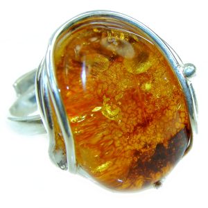 Authentic Baltic Amber .925 Sterling Silver handcrafted ring; s. 8 adjustable