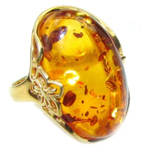 Authentic Baltic Amber 14K Gold over .925 Sterling Silver handcrafted ring; s. 7 adjustable