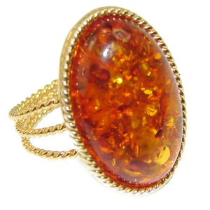 Authentic Baltic Amber 14K Gold over .925 Sterling Silver handcrafted ring; s. 8 adjustable