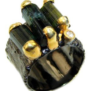 Authentic Rough Green Tourmaline over 2 tones .925 Sterling Silver Ring size 7