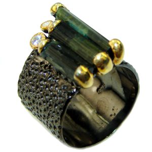 Authentic Rough Green Tourmaline over 2 tones .925 Sterling Silver Ring size 8