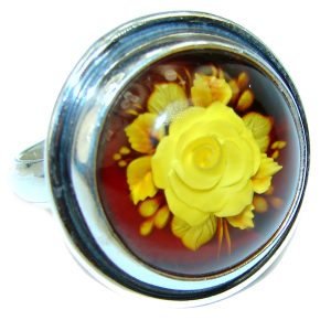 Beautiful Authentic carved FLOWER Baltic Amber .925 Sterling Silver handcrafted ring; s. 8 1/4