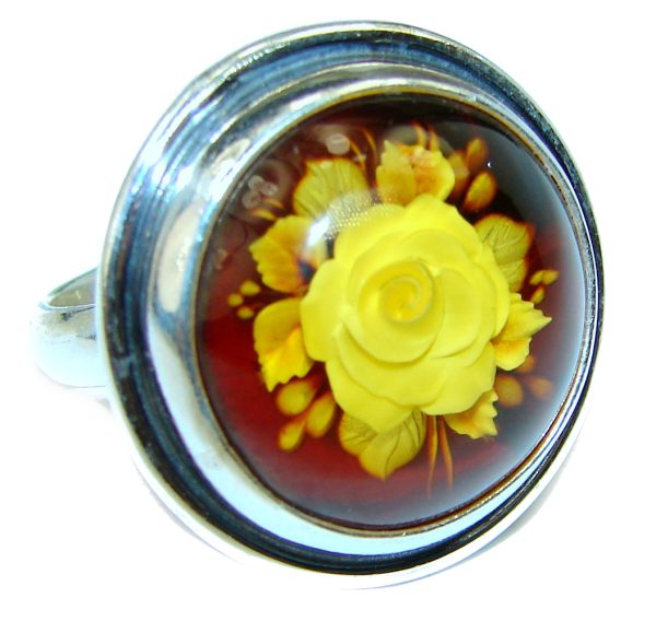 Beautiful Authentic carved FLOWER Baltic Amber .925 Sterling Silver handcrafted ring; s. 8 1/4