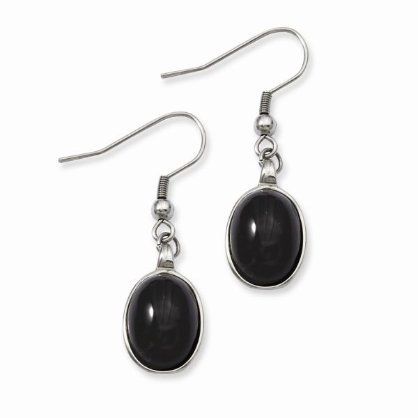 Black Agate Oval Cabochon Dangle Earrings in Stainless Steel