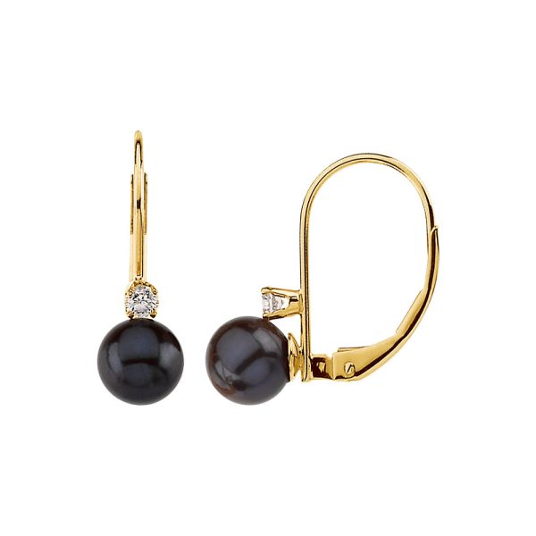 Black Akoya Cultured Pearl & Diamond 14k Gold Lever Back Earrings